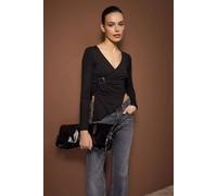 WOVCOR Women's Asymmetric Wrap Front Stretch Knit Blouse with Hardware Detail in Black | Size: XS WOVCOR Black XS