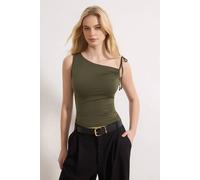 WOVCOR Women's Asymmetrical Tie Shoulder Stretch Knit Top in Khaki | Size: Medium WOVCOR Khaki M