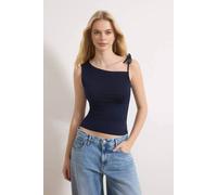 WOVCOR Women's Asymmetrical Tie Shoulder Stretch Knit Top in Navy | Size: Medium WOVCOR Navy M