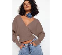 WOVCOR Women's Batwing Sleeve Wrap Front Knitted Jumper in Taupe | Size: Large WOVCOR Taupe L