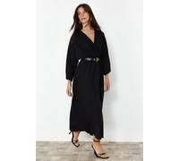 WOVCOR Women's Belted A-Line Wrap Collar Batwing Sleeve Midi Dress in Black | Size: 8 WOVCOR Black 8