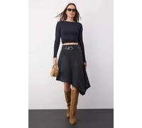 WOVCOR Women's Belted Asymmetrical Midi Denim Skirt in Black | Size: 8 WOVCOR Black 8