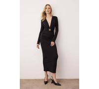 WOVCOR Women's Belted Deep Plunge Knit Evening Midi Dress in Black | Size: Small WOVCOR Black S