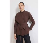 WOVCOR Women's Belted Stand Collar Long Sleeve Cotton Woven Shirt in Brown | Size: 10 WOVCOR Brown 10