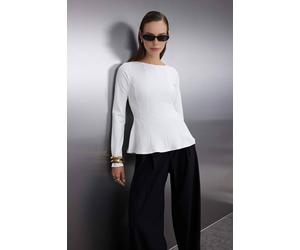 WOVCOR Women's Boat Neck Peplum Long Sleeve Knit Blouse in Ecru | Size: Large WOVCOR Ecru L