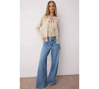 WOVCOR Women's Bow Tie Lace Edge Knitted Crop Top & Cardigan Set in Stone | Size: Medium WOVCOR Stone M