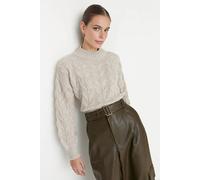WOVCOR Women's Cable Knit High Neck Cropped Jumper in Stone | Size: Medium WOVCOR Stone M