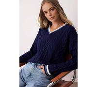 WOVCOR Women's Cable Knit V Neck Contrast Trim Jumper in Navy | Size: Small WOVCOR Navy S