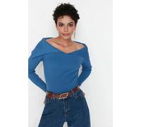 WOVCOR Women's Carmen Collar Knit Sweater Off-Shoulder Rib Knitted Jumper in Blue | Size: Small WOVCOR Blue S