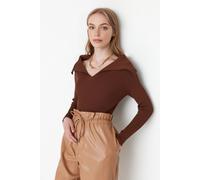 WOVCOR Women's Carmen Collar Knit Sweater Off-Shoulder Rib Knitted Jumper in Brown | Size: XS WOVCOR Brown XS