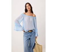 WOVCOR Women's Carmen Neck Ruffle Detail Sheer Woven Blouse in Baby Blue WOVCOR Baby Blue One Size