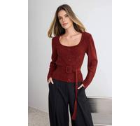 WOVCOR Women's Chenille Long Sleeve Belted Knitted Sweater in Burgundy | Size: Small WOVCOR Burgundy S