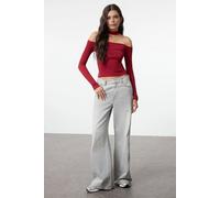 WOVCOR Women's Choker Detailed Fitted Crop Ribbed Knit Blouse in Burgundy | Size: Large WOVCOR Burgundy L