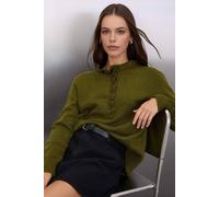 WOVCOR Women's Collared Button Detail Knitted Jumper in Khaki | Size: Medium WOVCOR Khaki M