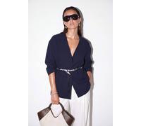 WOVCOR Women's Collarless Belted Relaxed Fit Long Sleeve Jacket in Navy | Size: Medium WOVCOR Navy M