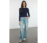 WOVCOR Women's Color Block Fitted Knit Blouse in Navy | Size: Medium WOVCOR Navy M