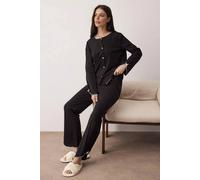 WOVCOR Women's Contrast Trim Button Through Long Sleeve Cotton Knit Pyjama Set in Black | Size: Large WOVCOR Black L