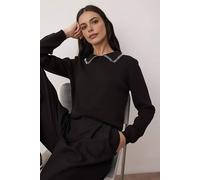 WOVCOR Women's Cotton Knit Crew Neck Sweater with Contrast Stitch Collar in Black | Size: Small WOVCOR Black S