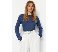 WOVCOR Women's Crew Neck Knit Sweater with Pearl Details in Blue | Size: Small WOVCOR Blue S