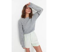 WOVCOR Women's Crew Neck Knit Sweater with Pearl Details in Grey | Size: Small WOVCOR Grey S