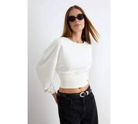 WOVCOR Women's Crew Neck Long Sleeve Regular Fit Crop Sweatshirt in Ecru | Size: Large WOVCOR Ecru L