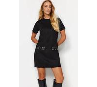 WOVCOR Women's Crew Neck Mini Suede Knit Dress Stone Detail in Black | Size: Medium WOVCOR Black M