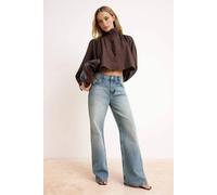 WOVCOR Women's Cropped Button Up Collared Puff Sleeve Plain Shirt Top in Brown | Size: 8 WOVCOR Brown 8
