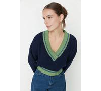 WOVCOR Women's Deep V-Neck Colour Block Knitted Sweater in Navy | Size: Large WOVCOR Navy L