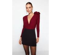 WOVCOR Women's Double-Breasted Rose Detail Long Sleeve Bodysuit in Burgundy | Size: 10 WOVCOR Burgundy 10