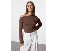 WOVCOR Women's Draped Boat Neck Asymmetrical Long Sleeve Knit Blouse in Brown | Size: Small WOVCOR Brown S