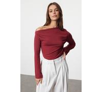 WOVCOR Women's Draped Boat Neck Asymmetrical Long Sleeve Knit Blouse in Burgundy | Size: Medium WOVCOR Burgundy M