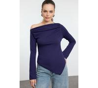 WOVCOR Women's Draped Boat Neck Asymmetrical Long Sleeve Knit Blouse in Navy | Size: Medium WOVCOR Navy M