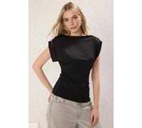 WOVCOR Women's Draped Shoulder Pad Jersey Top in Black | Size: Large WOVCOR Black L