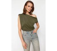 WOVCOR Women's Elegant Draped Asymmetric Evening Top in Khaki | Size: Medium WOVCOR Khaki M