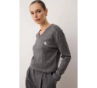 WOVCOR Women's Embroidered Motif V-Neck Cable Knit Jumper in Dark Grey | Size: S/M WOVCOR Dark Grey S/M