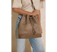 Wovcor Women's Faux Suede Drawstring Bucket Bag With Zip Detail In Taupe Taupe