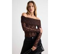 WOVCOR Women's Fitted Carmen Neck Long Sleeve Lace Knit Blouse in Brown | Size: Large WOVCOR Brown L