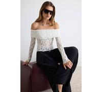 WOVCOR Women's Fitted Carmen Neck Long Sleeve Lace Knit Blouse in Ecru | Size: Large WOVCOR Ecru L