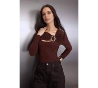 WOVCOR Women's Fitted Stretch Knit Blouse with Cut Out & Hardware Detail in Brown | Size: Medium WOVCOR Brown M