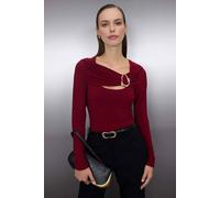 WOVCOR Women's Fitted Stretch Knit Blouse with Cut Out & Hardware Detail in Burgundy | Size: Large WOVCOR Burgundy L