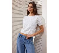 WOVCOR Women's Floral Applique Textured Short Sleeve Cropped Knit Top in Ecru | Size: Medium WOVCOR Ecru M