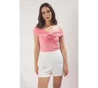WOVCOR Women's Floral Detail Bardot Ruched Blouse Top in Pink | Size: Small WOVCOR Pink S