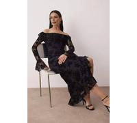WOVCOR Women's Floral Flocked Lace Bardot Ruffle Long Sleeve Maxi Dress in Black | Size: 10 WOVCOR Black 10