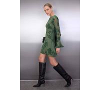 WOVCOR Women's Floral Flocked Sheer Mini Dress in Khaki | Size: XS WOVCOR Khaki XS