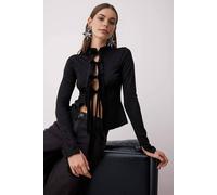 WOVCOR Women's Floral Jacquard Tie Front Long Sleeve Knit Blouse with Mandarin Neck in Black | Size: 8 WOVCOR Black 8