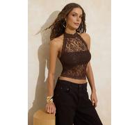 WOVCOR Women's Floral Lace Halterneck Crop Top in Brown | Size: 12 WOVCOR Brown 12