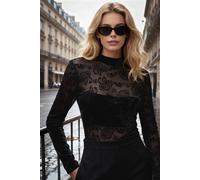 WOVCOR Women's Floral Mesh Stand Collar Long Sleeve Lined Bodysuit in Black | Size: 10 WOVCOR Black 10