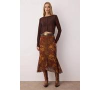 WOVCOR Women's Floral Print Mesh Midi Skirt with Flared Hem in Brown | Size: Large WOVCOR Brown L