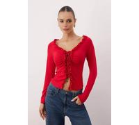 WOVCOR Women's Gathered Long Sleeve Stretch Knit Blouse in Red | Size: Small WOVCOR Red S