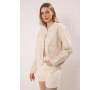 WOVCOR Women's Heart Print Tie Front Quilted Jacket in Beige | Size: XS WOVCOR Beige XS